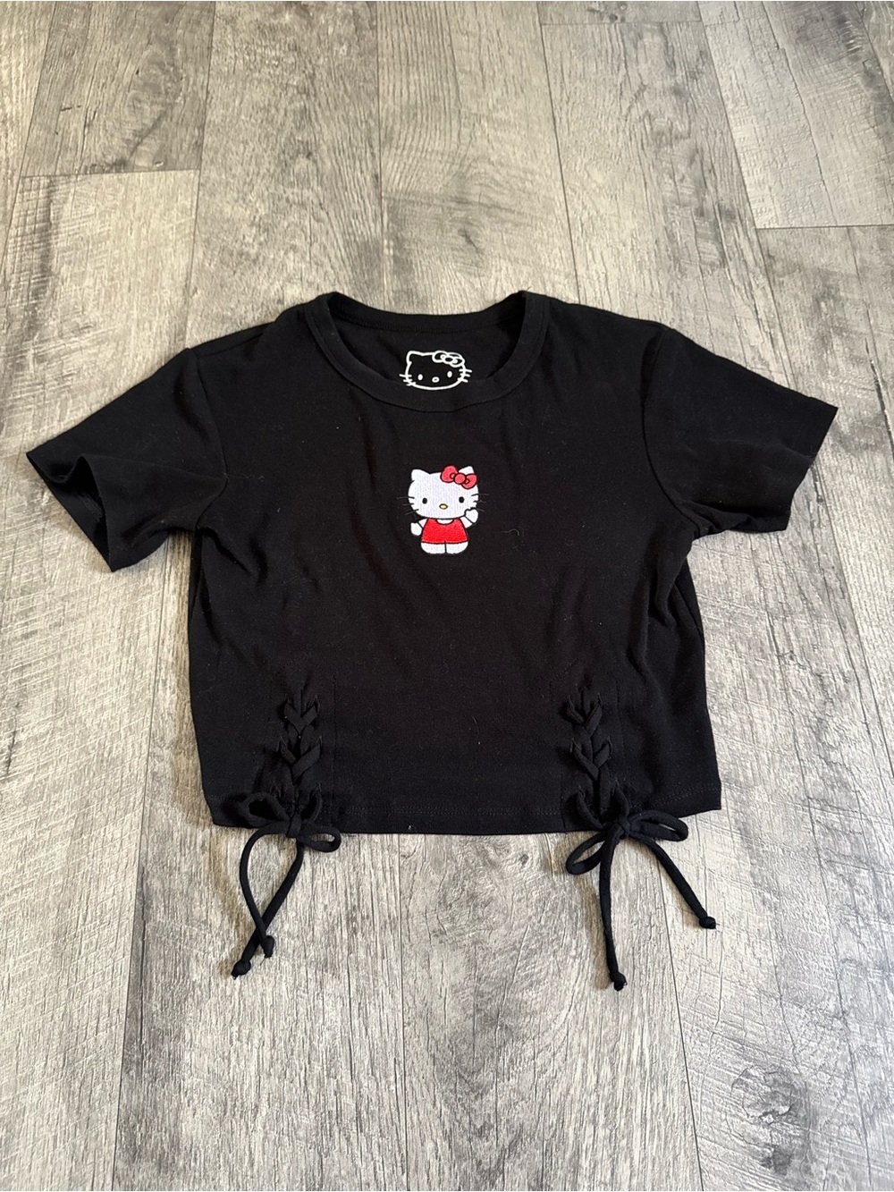 Hello Kitty: Black Embroidered Lace-Up Sides Crew Neck Crop Knit Tee, Size S